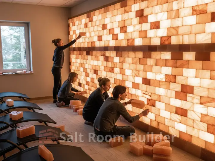 Backlit Himalayan salt brick wall being installed in a wellness room