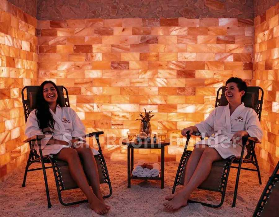 Commercial salt room concept with backlit Himalayan salt walls and spa loungers