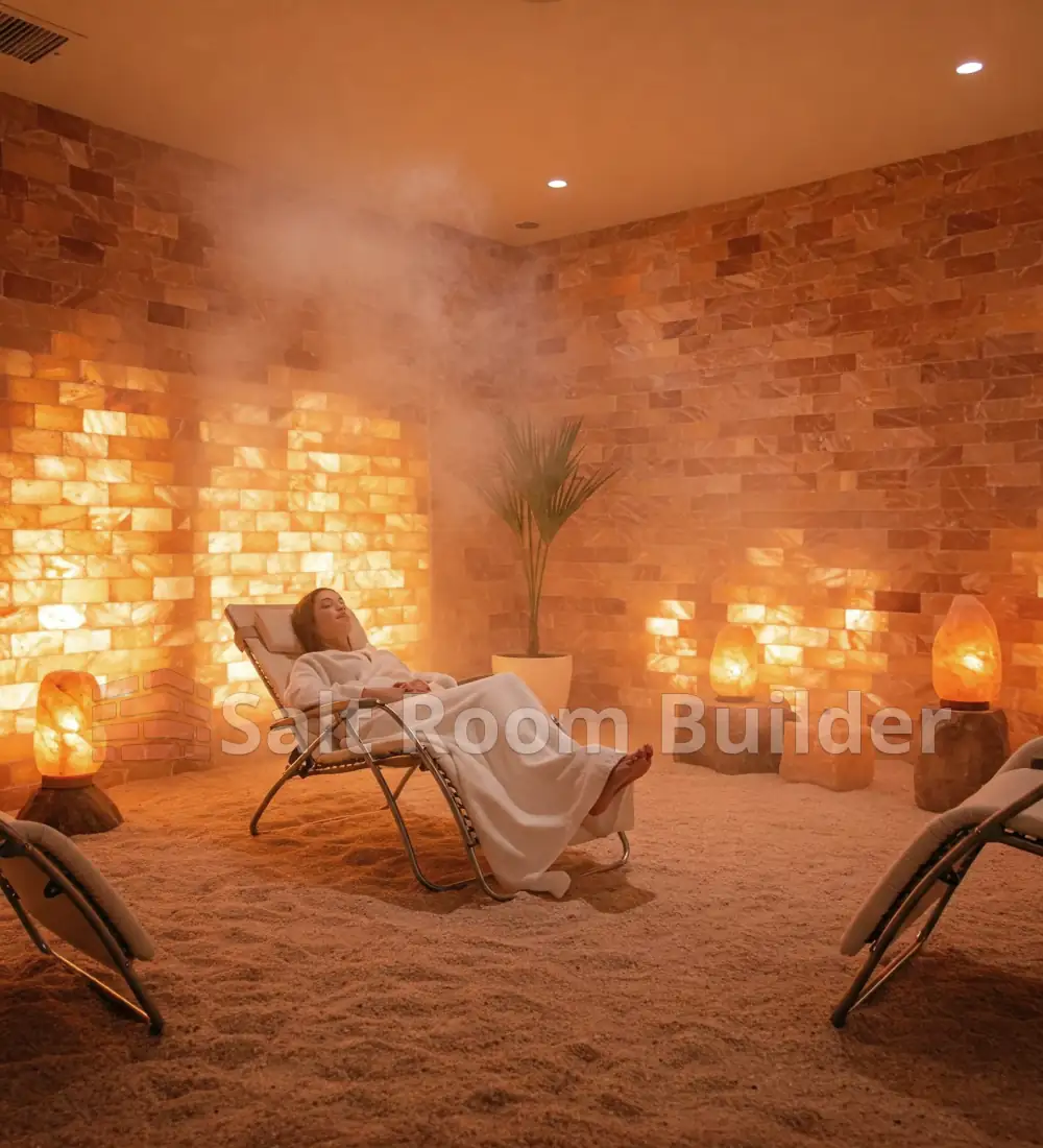 Commercial wellness salt room with loungers and backlit salt walls