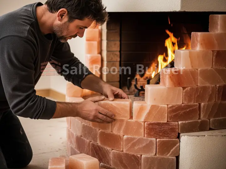 Custom curved Himalayan salt brick feature around a fireplace