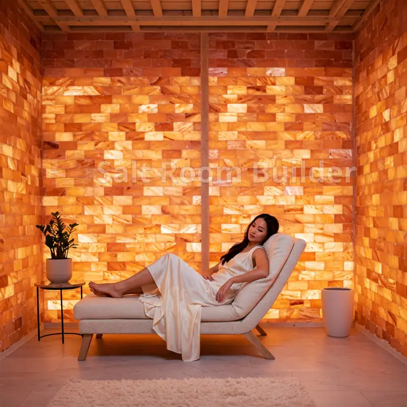 Backlit Himalayan salt room with lounge seating and granulated salt floor