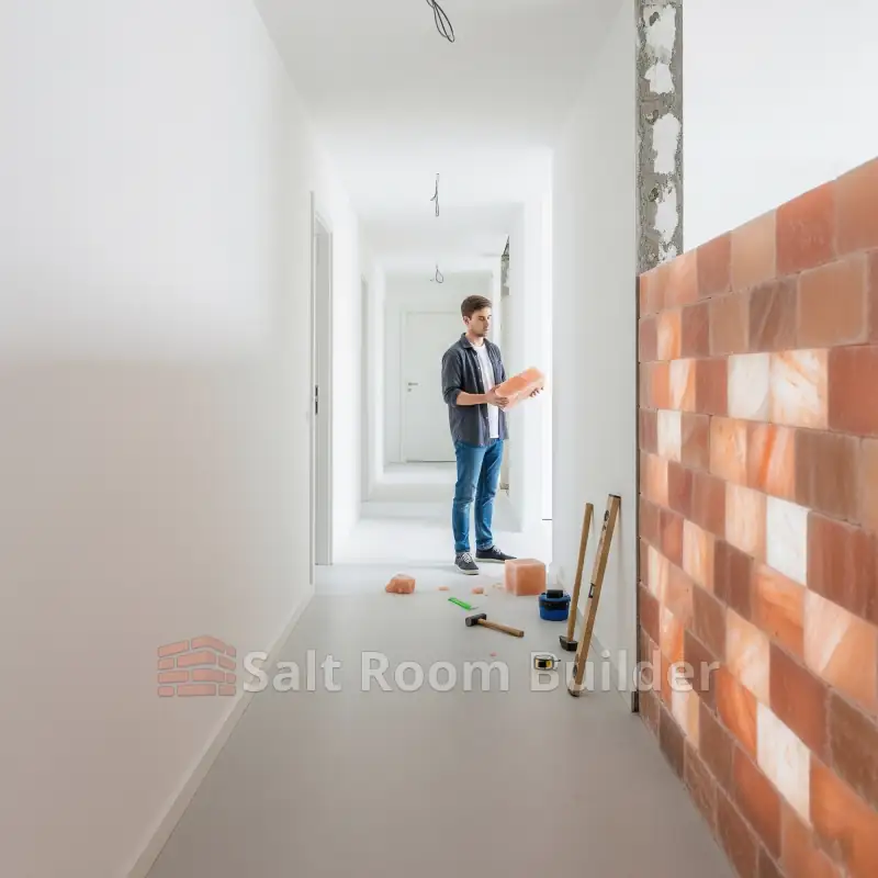 Himalayan salt brick wall being installed along a corridor