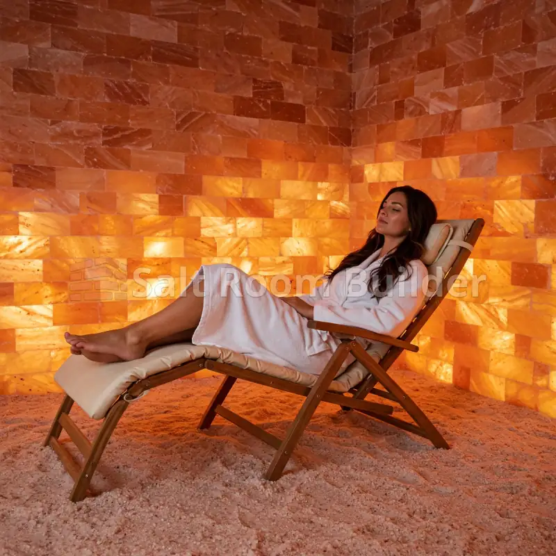 Relaxation lounger in a salt room with glowing salt brick walls