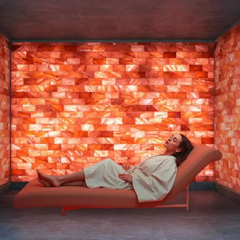 Fully lined salt cabin with backlit Himalayan salt brick walls