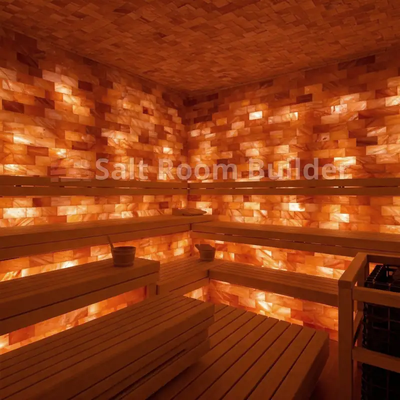 Salt sauna concept with backlit Himalayan salt bricks and wooden benches