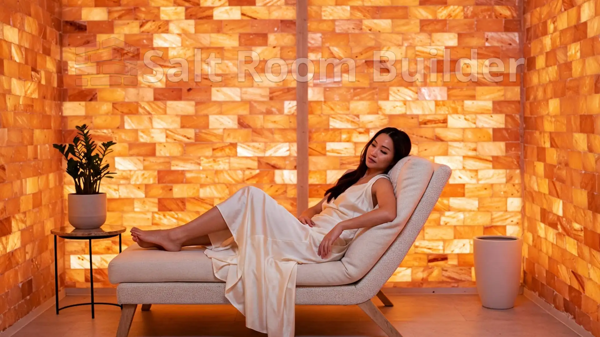Backlit Himalayan salt brick room with a relaxation lounger