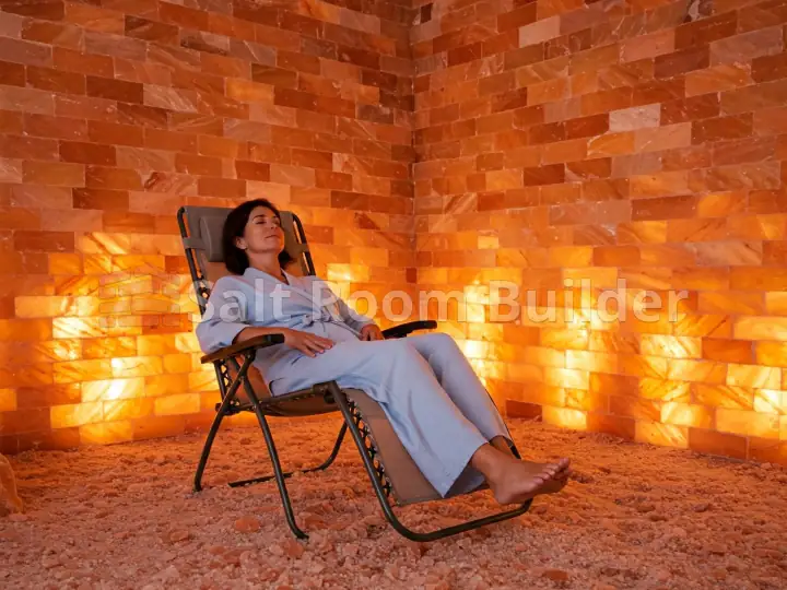 Private home salt room with backlit Himalayan salt brick walls