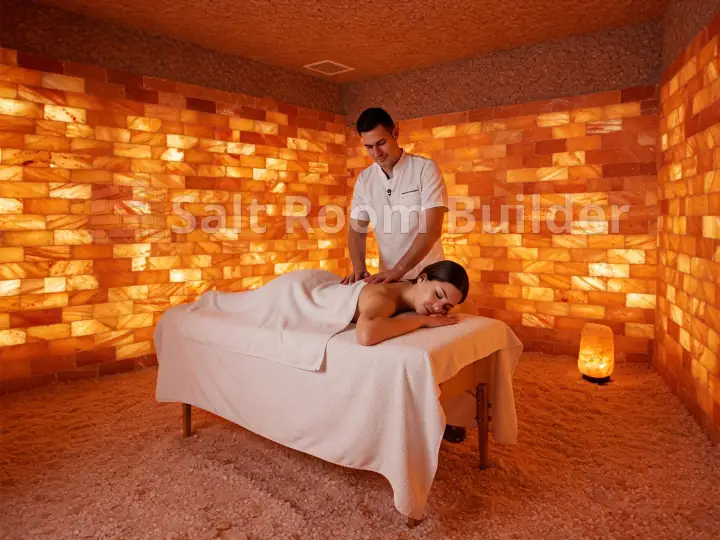 Luxury spa treatment room lined with glowing Himalayan salt bricks