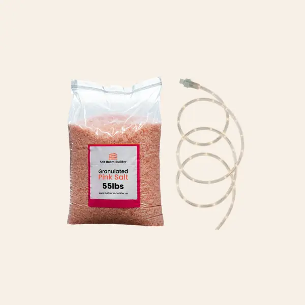 Granulated pink salt bag and LED rope light