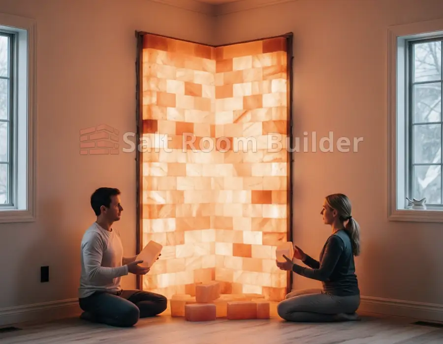 Residential Himalayan salt wall being assembled in a home