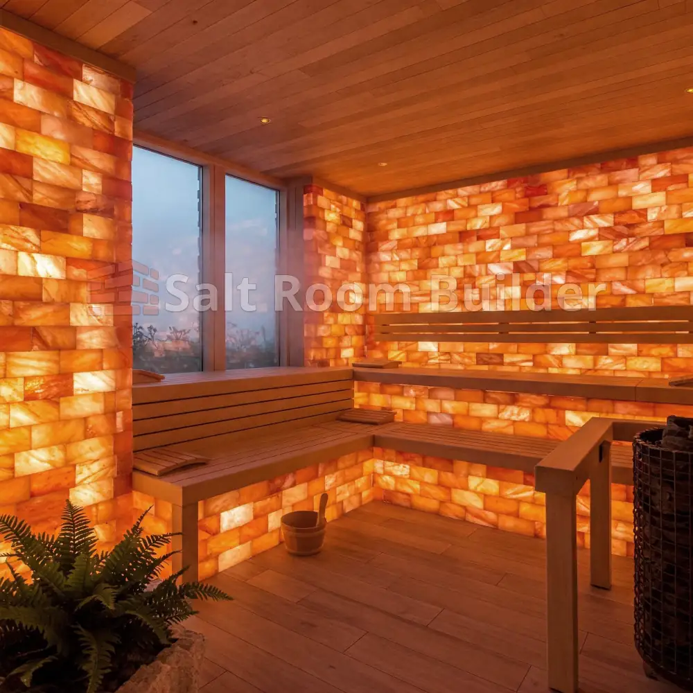 Sauna interior with backlit Himalayan salt brick walls