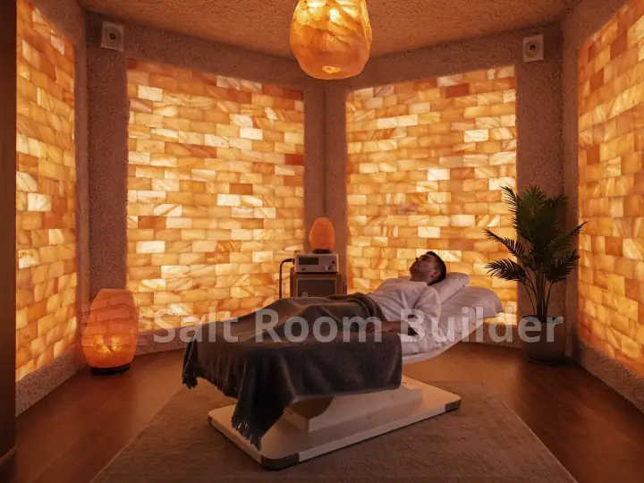 Salt therapy room concept with framed backlit salt brick panels
